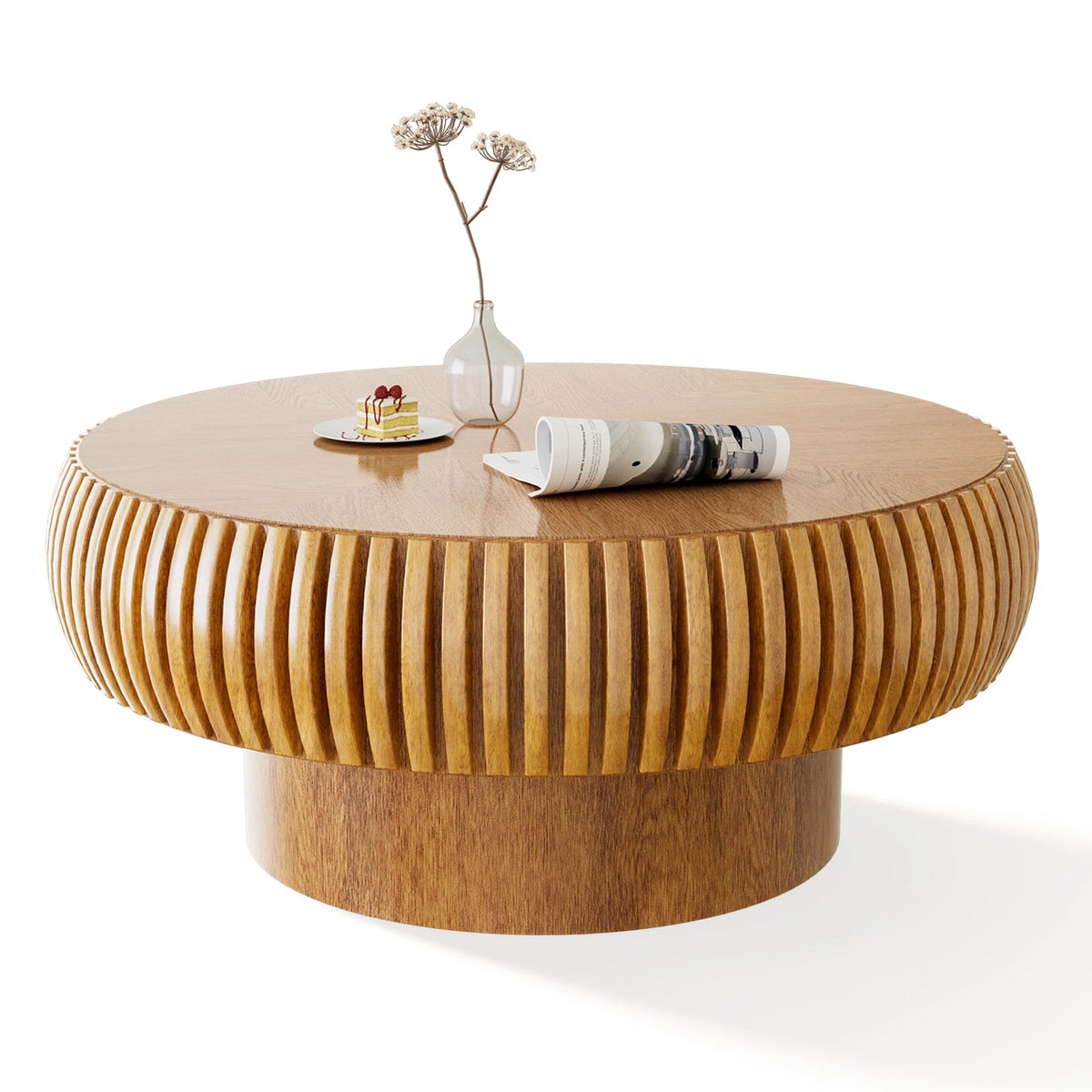 Runder Couchtisch in Holzoptik, Ø 70 × 35 cm vor weißem Hintergrund